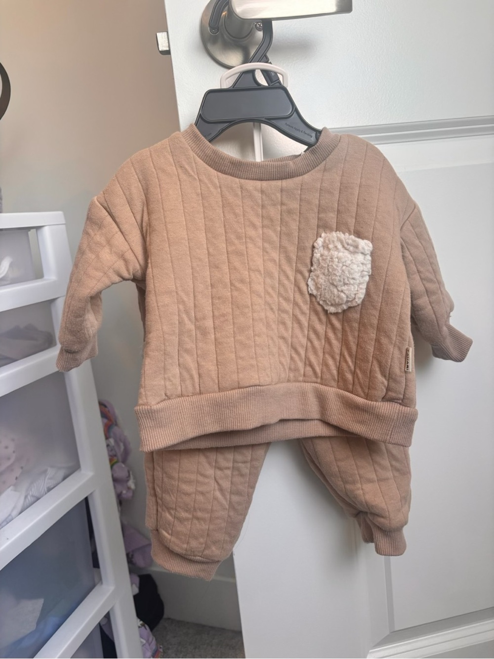 Tahari Baby Ribbed Loungewear Set in Taupe with Sherpa Accent